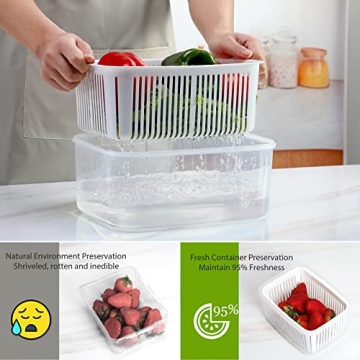 LUXEAR Larger Fruit Vegetable Produce Storage Saver Containers with Lid & Colander 5 Packs BPA-Free Plastic Fresh Keeper Set | Refrigerator Fridge Organizer | for Salad Berry Lettuce Food Celery