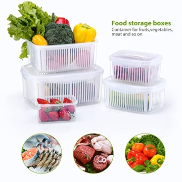 LUXEAR Larger Fruit Vegetable Produce Storage Saver Containers with Lid & Colander 5 Packs BPA-Free Plastic Fresh Keeper Set | Refrigerator Fridge Organizer | for Salad Berry Lettuce Food Celery