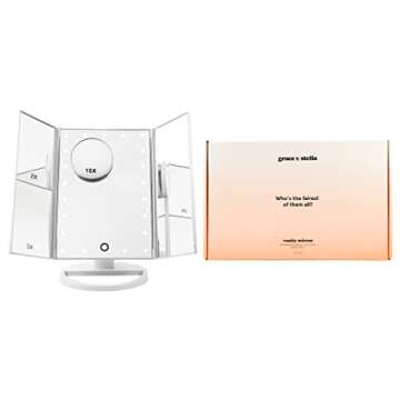 grace & stella Makeup Mirror Vanity Mirror with Lights, 2X 3X 10X Magnification, Lighted Makeup Mirror, Touch Control, Trifold Makeup Mirror, Dual Power Supply, Portable LED, Women Gift