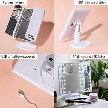 grace & stella Makeup Mirror Vanity Mirror with Lights, 2X 3X 10X Magnification, Lighted Makeup Mirror, Touch Control, Trifold Makeup Mirror, Dual Power Supply, Portable LED, Women Gift