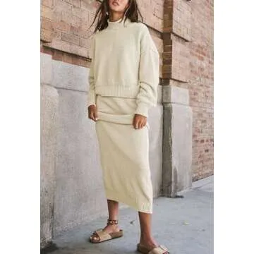 Pink Queen Women's 2 Piece Sweater Set Outfits Long Sleeve Oversized Top Bodycon Maxi Long Skirt Knit Dresses