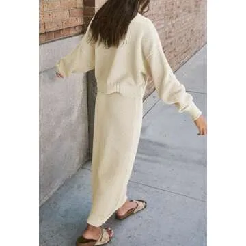 Pink Queen Women's 2 Piece Sweater Set Outfits Long Sleeve Oversized Top Bodycon Maxi Long Skirt Knit Dresses