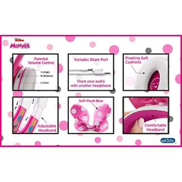 eKids Minnie Mouse Headphones for Kids, Wired Headphones for School, Home or Travel