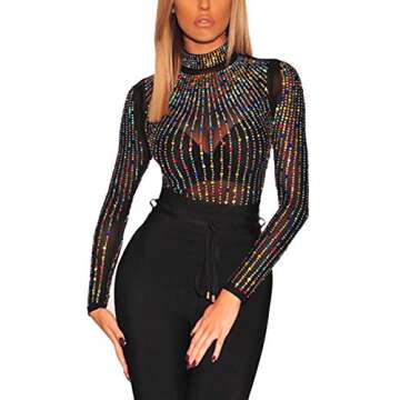 Lrady Black Iridescent Rainbow Rhinestone Studded Mesh Long Sleeves Bodysuit for Women