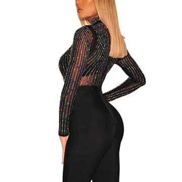 Lrady Black Iridescent Rainbow Rhinestone Studded Mesh Long Sleeves Bodysuit for Women