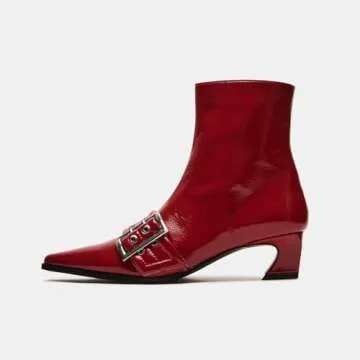 Vaslemuse Women Booties: Chic Red Buckle Ankle Boots