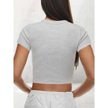 AnotherChill Women's Short Sleeve Crew Neck T-Shirts Ribbed Cotton Crop Top Y2K Summer Going Out Tops Baby Tee Outfits 2024 (Heather-Cloud-White, Small)