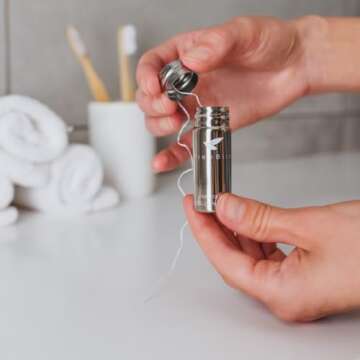 Biodegradable Dental Floss by TreeBird | Refillable & Reusable Zero Waste Steel Dispenser | 3x33yd W...