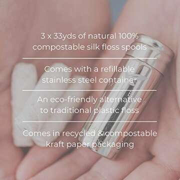 Biodegradable Dental Floss by TreeBird | Refillable & Reusable Zero Waste Steel Dispenser | 3x33yd Waxed Natural Cruelty Free Peace Silk Spools | 100% Compostable | Eco Friendly Plastic Free Oral Care