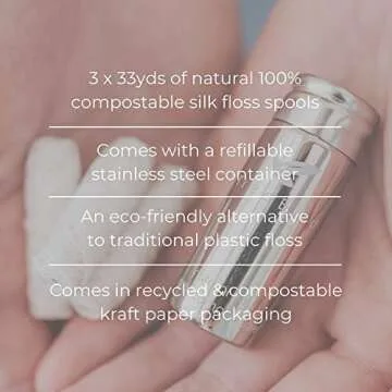 Biodegradable Dental Floss by TreeBird | Refillable & Reusable Zero Waste Steel Dispenser | 3x33yd Waxed Natural Cruelty Free Peace Silk Spools | 100% Compostable | Eco Friendly Plastic Free Oral Care