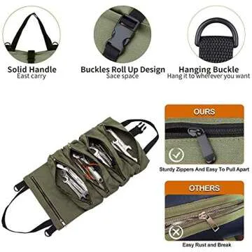 Super Roll Tool Roll,Multi-Purpose Roll Up Tool Bag, Wrench Roll,Canvas Tool Organizer Bucket,Car First Aid Kit Wrap Roll Storage Case,Hanging Tool Zipper Carrier Tote,Car Camping Gear
