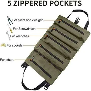 Super Roll Tool Roll,Multi-Purpose Roll Up Tool Bag, Wrench Roll,Canvas Tool Organizer Bucket,Car First Aid Kit Wrap Roll Storage Case,Hanging Tool Zipper Carrier Tote,Car Camping Gear