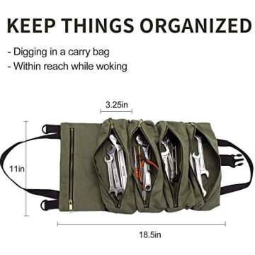 Super Roll Tool Roll,Multi-Purpose Roll Up Tool Bag, Wrench Roll,Canvas Tool Organizer Bucket,Car First Aid Kit Wrap Roll Storage Case,Hanging Tool Zipper Carrier Tote,Car Camping Gear