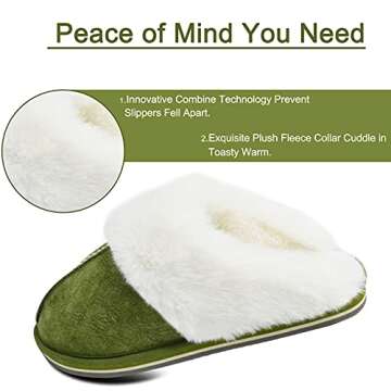 KuaiLu Womens Slippers, Fluff Dual Memory Foam Slippers Ladies Cozy Arch Support Warm Scuff Slippers Slip on Comfy Winter House Shoes with Non-Slip Indoor Outdoor Hard Sole Green 7