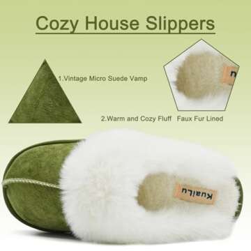 KuaiLu Womens Slippers, Fluff Dual Memory Foam Slippers Ladies Cozy Arch Support Warm Scuff Slippers Slip on Comfy Winter House Shoes with Non-Slip Indoor Outdoor Hard Sole Green 7