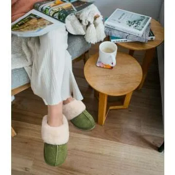 KuaiLu Womens Slippers, Fluff Dual Memory Foam Slippers Ladies Cozy Arch Support Warm Scuff Slippers Slip on Comfy Winter House Shoes with Non-Slip Indoor Outdoor Hard Sole Green 7