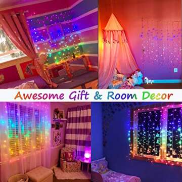 Rainbow Fairy String Curtain Lights with Remote, Twinkle LED Icicle Rainbow Lights Curtain for Girls Room, Bedroom, Teen Room, Kids Room, Unicorn Room, Party, Holiday Décor (Rainbow)