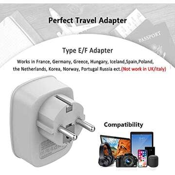 TESSAN Type E F Plug Adapter, Schuko European Plug Type F Travel Adaptor with 2 USB, German France Travel Power Outlet Charger for US to Europe Spain Iceland South Korea Greece Norway