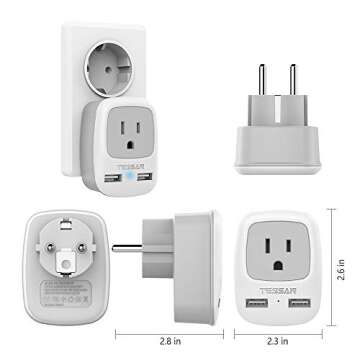 TESSAN Type E F Plug Adapter, Schuko European Plug Type F Travel Adaptor with 2 USB, German France Travel Power Outlet Charger for US to Europe Spain Iceland South Korea Greece Norway