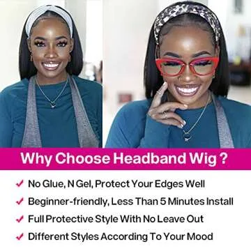 Headband Bob Wig Human Hair Headband Wigs For Black Women Straight Bob Headband Wigs Human Hair Non Lace Front Wigs 150% Density (14 Inch)