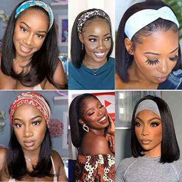 Headband Bob Wig Human Hair Headband Wigs For Black Women Straight Bob Headband Wigs Human Hair Non Lace Front Wigs 150% Density (14 Inch)