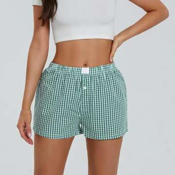 NUFIWI Women Y2k Pajamas Shorts Gingham Cute Pj Short Pants Plaid Lounge Shorts Sleep Bottoms Elastic Boxers Streetwear(Plaid Green,L)