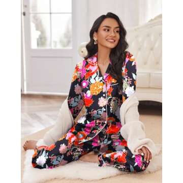 Ekouaer Silk Satin Pajamas Women's Long Sleeve Pj Set Soft Button Down 2 Piece Sleepwear Loungewear Black with Colorful Floral,S