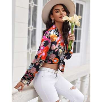 Ekouaer Silk Satin Pajamas Women's Long Sleeve Pj Set Soft Button Down 2 Piece Sleepwear Loungewear Black with Colorful Floral,S