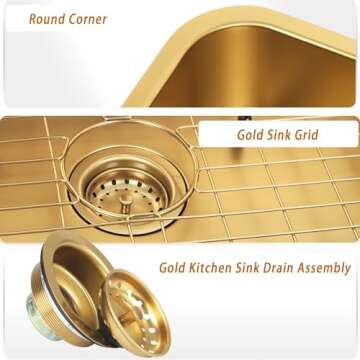 MONSINTA Undermount Kitchen Sink, Stainless Steel Kitchen Sink 3018, Deep Sink, Gold Kitchen Sink, Single Bowl Kitchen Sink with Sink Grid and Sink Drain Assembly, Large Kitchen Sink, PVD Nano Gold