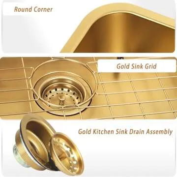 MONSINTA Undermount Kitchen Sink, Stainless Steel Kitchen Sink 3018, Deep Sink, Gold Kitchen Sink, Single Bowl Kitchen Sink with Sink Grid and Sink Drain Assembly, Large Kitchen Sink, PVD Nano Gold