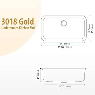 MONSINTA Undermount Kitchen Sink, Stainless Steel Kitchen Sink 3018, Deep Sink, Gold Kitchen Sink, Single Bowl Kitchen Sink with Sink Grid and Sink Drain Assembly, Large Kitchen Sink, PVD Nano Gold