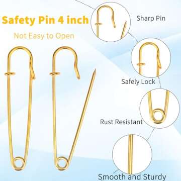 15 PCS 4 Inch Extra-Large Safety Pins Dulinkas Large Safety Pins Large Safety Pins Heavy Duty for Blankets Steel Safety Pins Heavy Duty 4" Steel Safety Pins for Clothes Gold