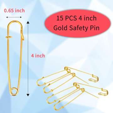 15 PCS 4 Inch Extra-Large Safety Pins Dulinkas Large Safety Pins Large Safety Pins Heavy Duty for Blankets Steel Safety Pins Heavy Duty 4" Steel Safety Pins for Clothes Gold
