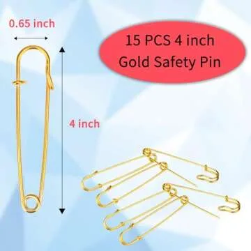 15 PCS 4 Inch Extra-Large Safety Pins Dulinkas Large Safety Pins Large Safety Pins Heavy Duty for Blankets Steel Safety Pins Heavy Duty 4" Steel Safety Pins for Clothes Gold