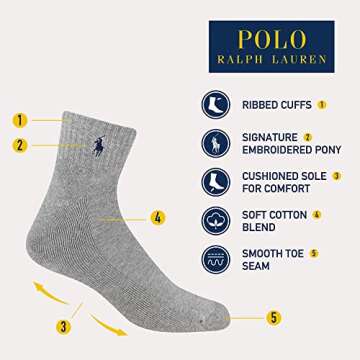 POLO RALPH LAUREN Men's Classic Sport Solid Socks 6 Pair Pack - Cushioned Cotton Comfort, White, 6-1...