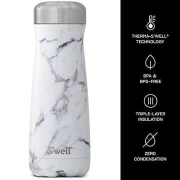S'well Stainless Steel Traveler - 20 Fl Oz - White Marble - Triple-Layered Vacuum-Insulated Travel Mug Keeps Coffee, Tea and Drinks Cold for 36 Hours and Hot for 15- BPA-Free Water Bottle