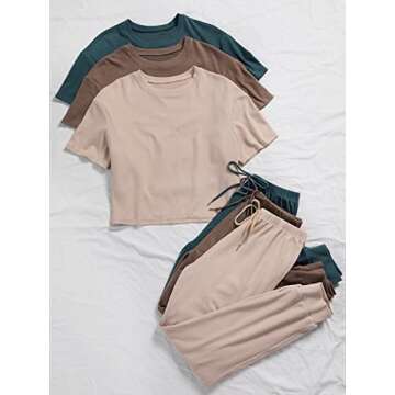 Floerns Women's 6 Piece Sleepwear Short Sleeve Tee Tie Front Pants Lounge Set Beige Multi L