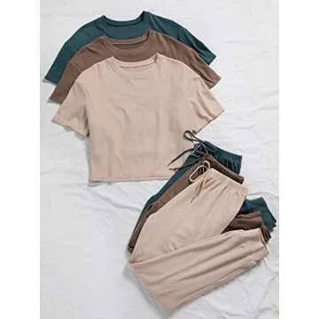 Floerns Women's 6 Piece Sleepwear Short Sleeve Tee Tie Front Pants Lounge Set Beige Multi L