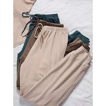 Floerns Women's 6 Piece Sleepwear Short Sleeve Tee Tie Front Pants Lounge Set Beige Multi L