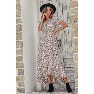 PRETTYGARDEN Women's Summer Wrap Maxi Dress Casual Boho Floral V Neck Short Sleeve Ruffle Hem Split ...