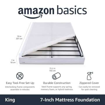 Amazon Basics Smart Box Spring Bed Base, 7-Inch Height Mattress Foundation, Tool-Free Easy Assembly,...