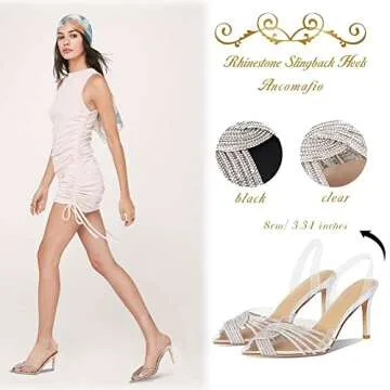 Ancomafio Women's Clear Heels Sandals Rhinestones Slingback Pumps Pointed Toe High Heel Sandal Transparent Heels Wedding