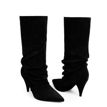 Trendy Black Suede Slouchy Mid Calf Boots for Women