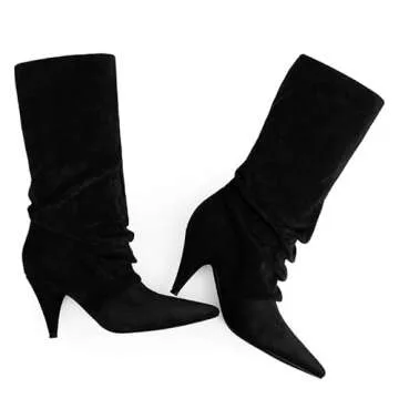 Trendy Black Suede Slouchy Mid Calf Boots for Women