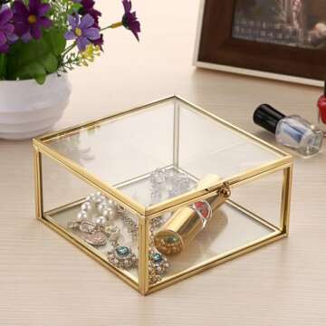 Hipiwe Vintage Glass Jewelry Organizer Box - Golden Metal Keepsake Box Desktop Jewelry Organizer Holder, Wedding Birthday Gift, Square Vanity Decorative Box for Dresser,Bathroom