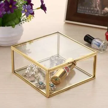 Hipiwe Vintage Glass Jewelry Organizer Box - Golden Metal Keepsake Box Desktop Jewelry Organizer Holder, Wedding Birthday Gift, Square Vanity Decorative Box for Dresser,Bathroom