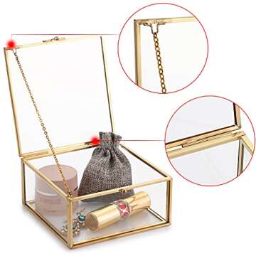 Hipiwe Vintage Glass Jewelry Organizer Box - Golden Metal Keepsake Box Desktop Jewelry Organizer Holder, Wedding Birthday Gift, Square Vanity Decorative Box for Dresser,Bathroom