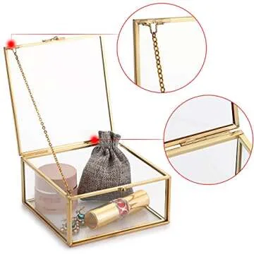 Hipiwe Vintage Glass Jewelry Organizer Box - Golden Metal Keepsake Box Desktop Jewelry Organizer Holder, Wedding Birthday Gift, Square Vanity Decorative Box for Dresser,Bathroom