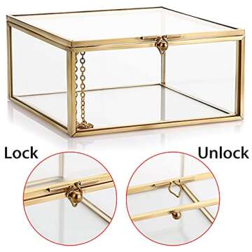 Hipiwe Vintage Glass Jewelry Organizer Box - Golden Metal Keepsake Box Desktop Jewelry Organizer Holder, Wedding Birthday Gift, Square Vanity Decorative Box for Dresser,Bathroom