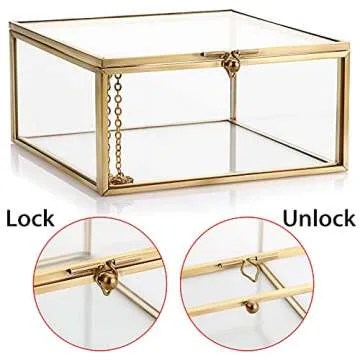 Hipiwe Vintage Glass Jewelry Organizer Box - Golden Metal Keepsake Box Desktop Jewelry Organizer Holder, Wedding Birthday Gift, Square Vanity Decorative Box for Dresser,Bathroom